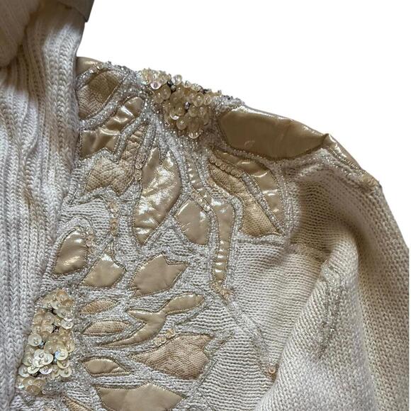 Bonnie Boerer Vintage 80s Sequin Floral Appliqué Turtleneck Sweater Medium - Picture 2 of 6